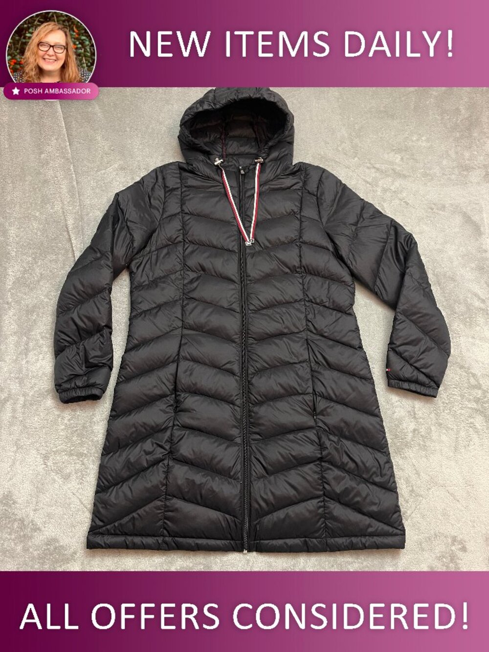 Tommy Hilfiger Womens Packable Lightweight Down Puffer Jacket Long Hooded Size L